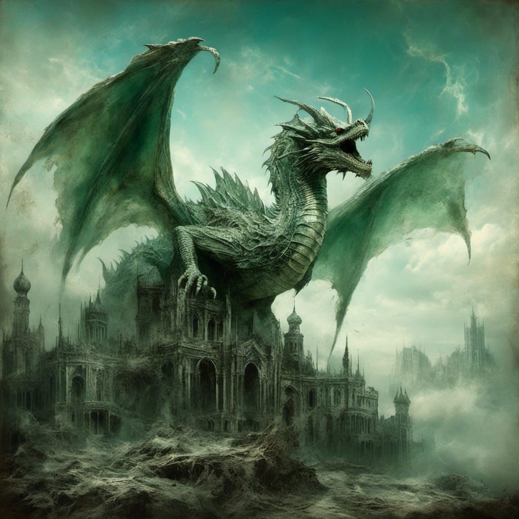 Ethereal Green Dragon Soaring Under Blue Sky