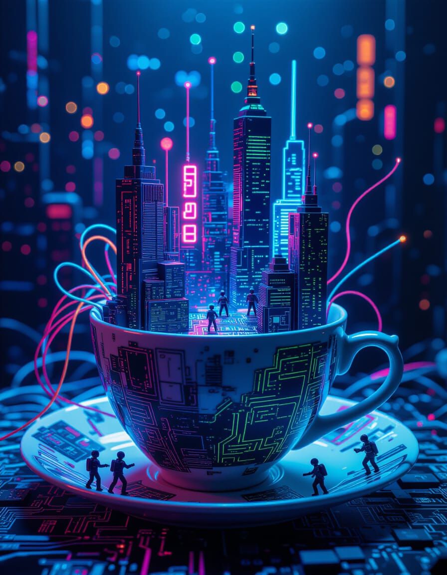 Cyberpunk Teacup Cityscape of Circuit Boards and Neon