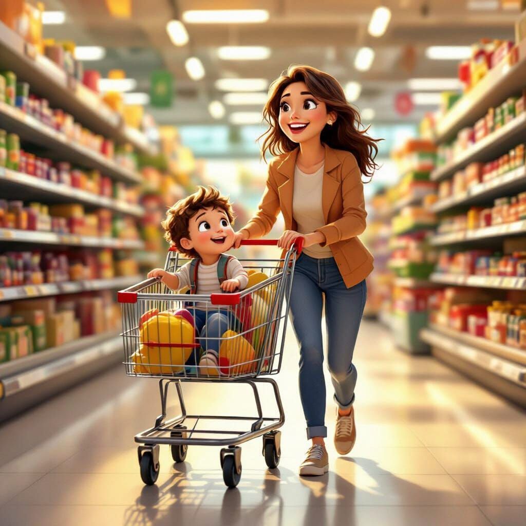 Happy Mom Pushes Child in Grocery Cart