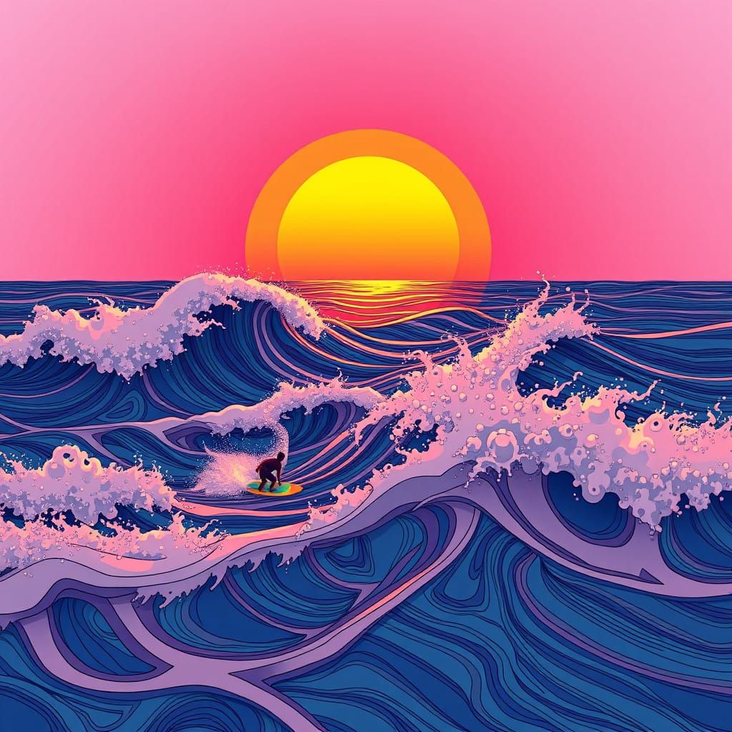 Vibrant Sunset Over Ocean Waves in Dynamic Vector Art