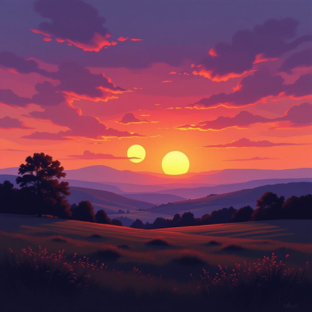 Double Sunset Over Serene Landscape in Painterly Style