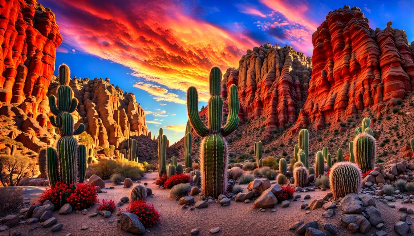 Cactus Family in a Whimsical Desert Canyon