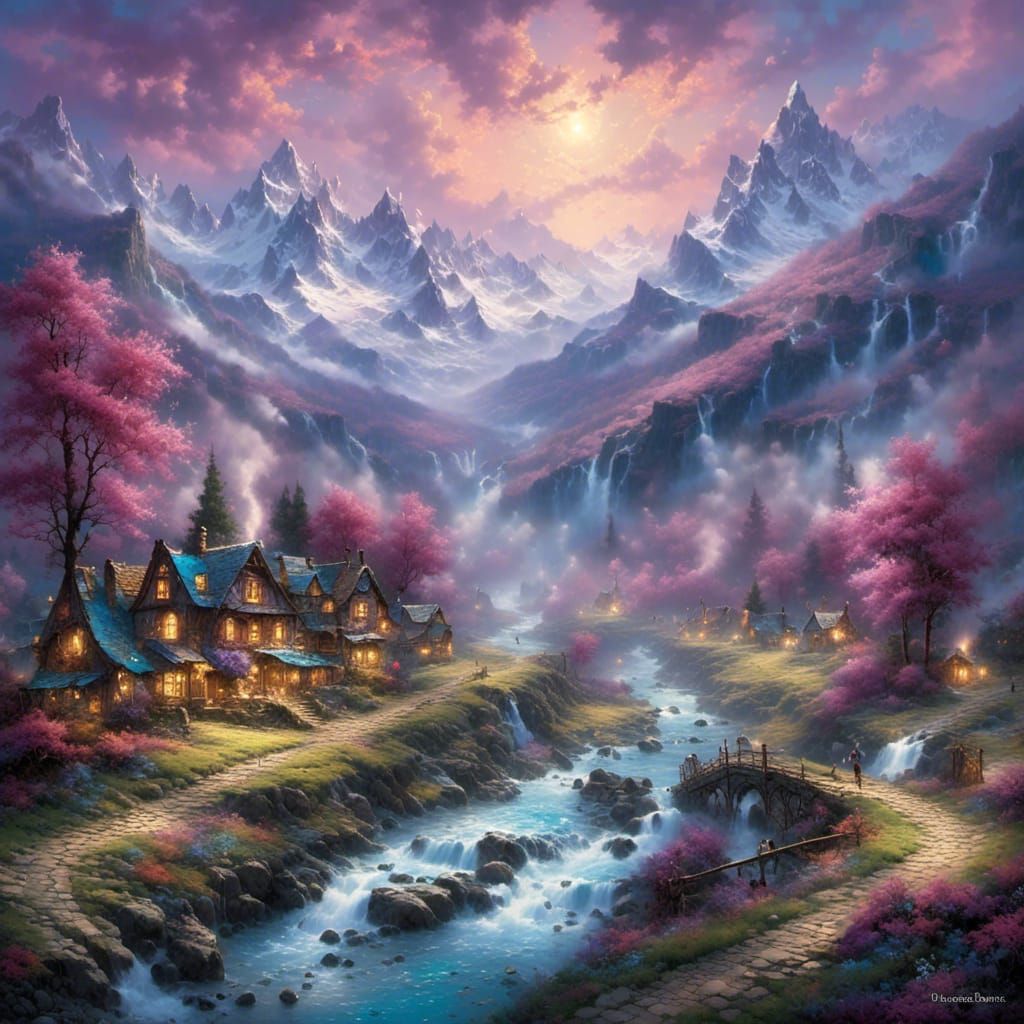 River Runs Through Snowy Mountains in Ethereal Style