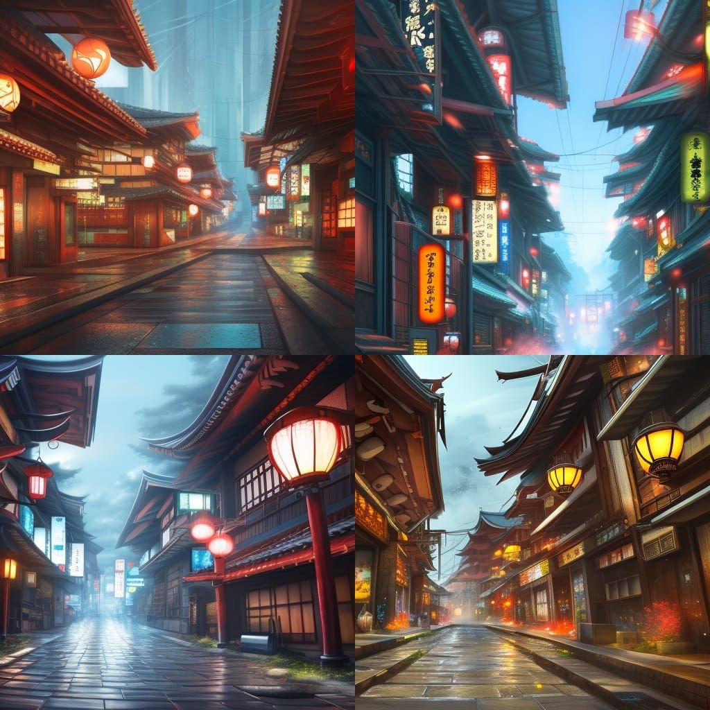 Detailed Japanese Street Scene in Matte Painting Style