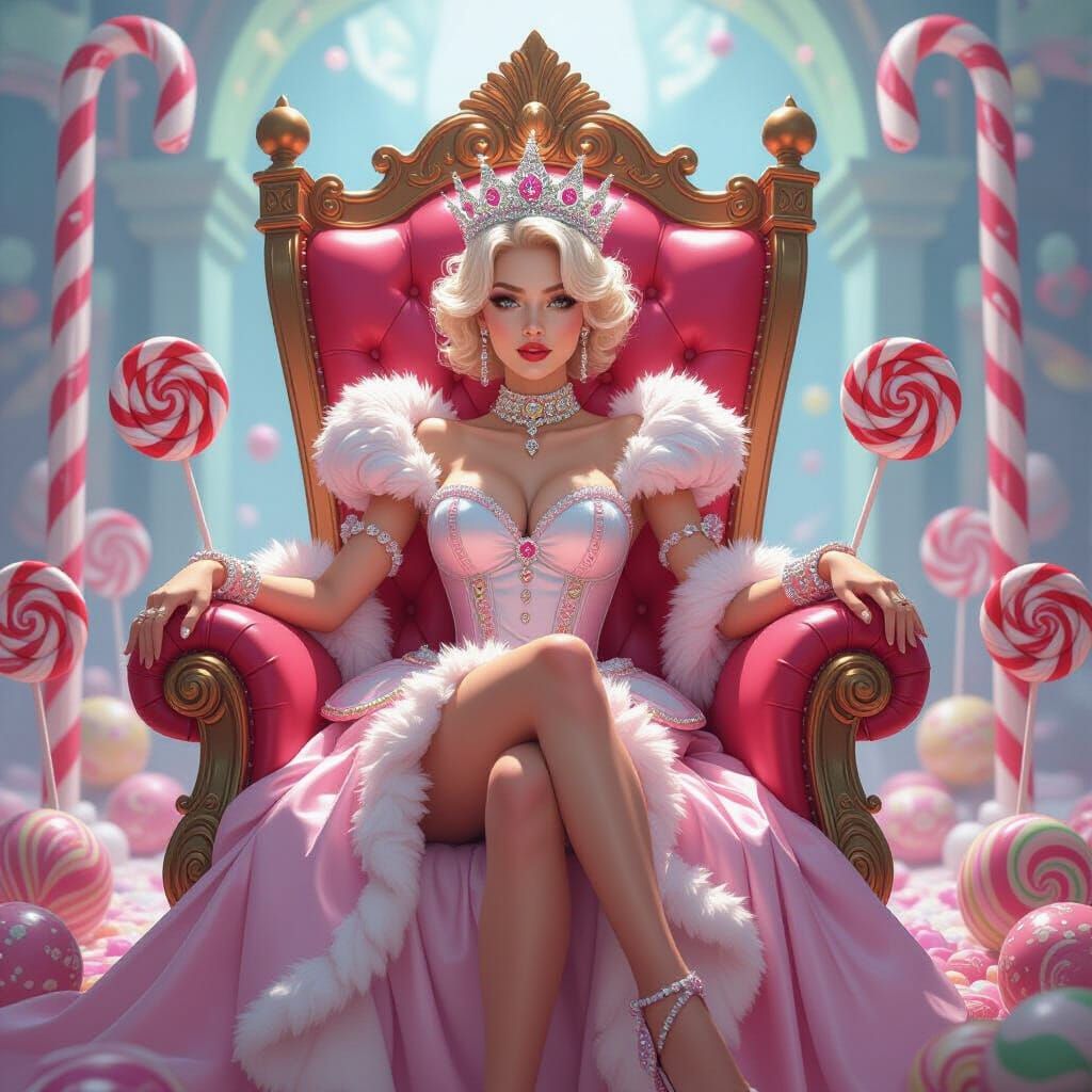 Candy Queen on Lollipop Throne in Digital Art Style