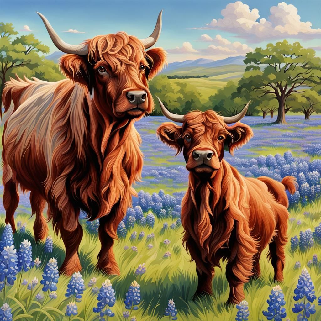Dog and Cow Play in Bluebonnet Field