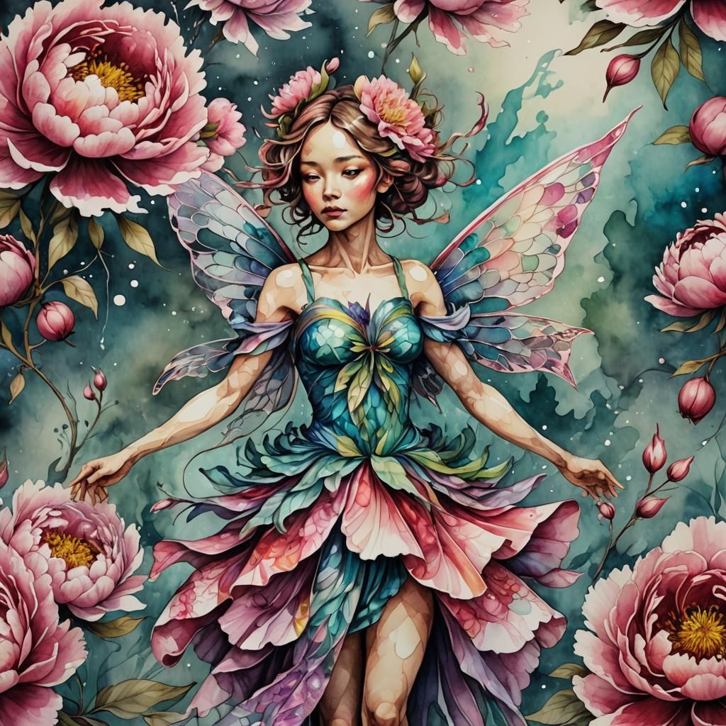 Peony Fairy in Watercolor and Alcohol Ink Style