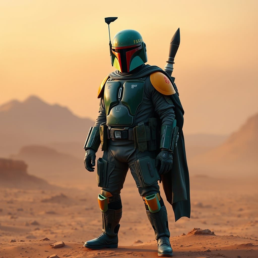 Boba Fett on Dusty Planet in Futuristic Style