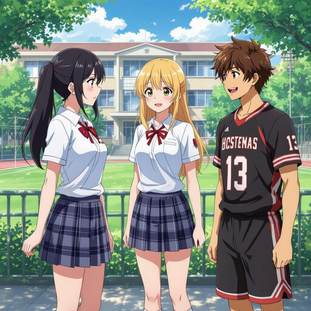 High School Friends in Anime Style, Sunny School Day