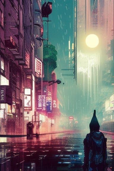 Celestial Moonlit Rainy Cityscape: Hyperdetailed Photography