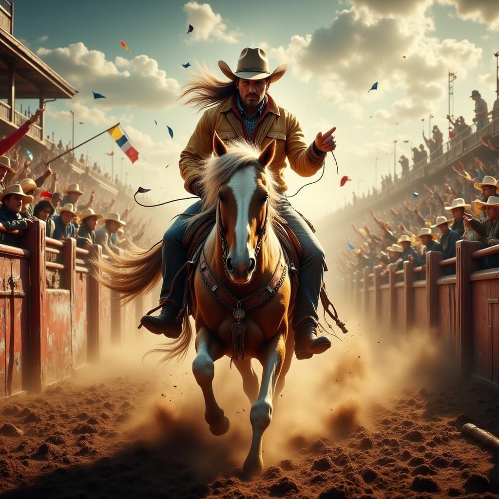 Cowboy Charges Horse in Dramatic Rodeo Film Poster