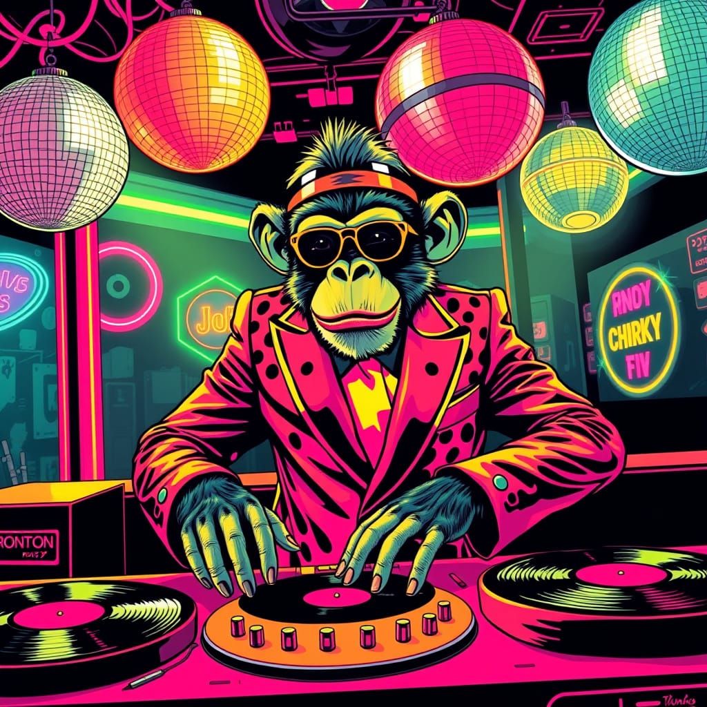 Monkey DJ Mixing Records in Pop Art Style
