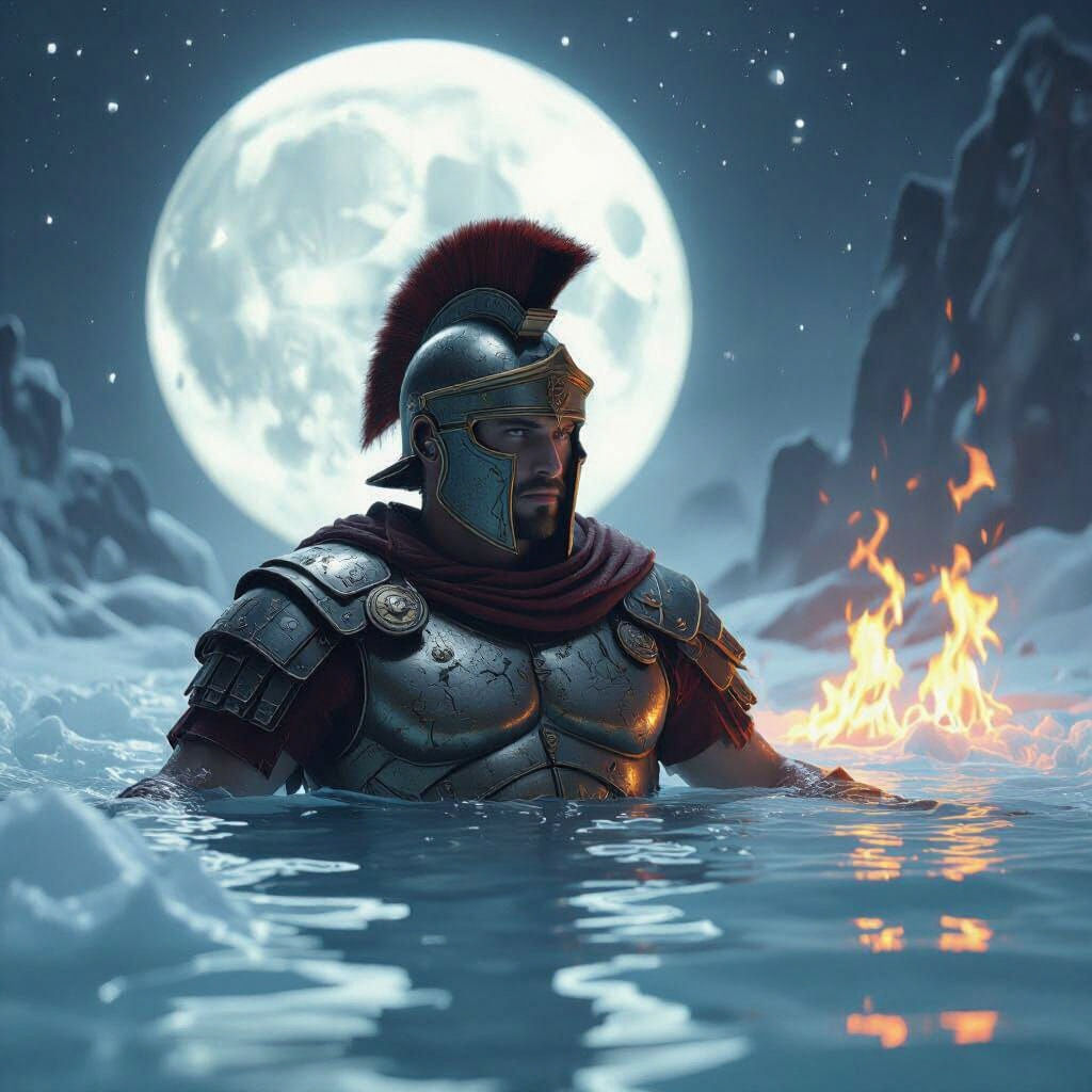 Roman Soldier in Moonlight Amidst Fire and Ice
