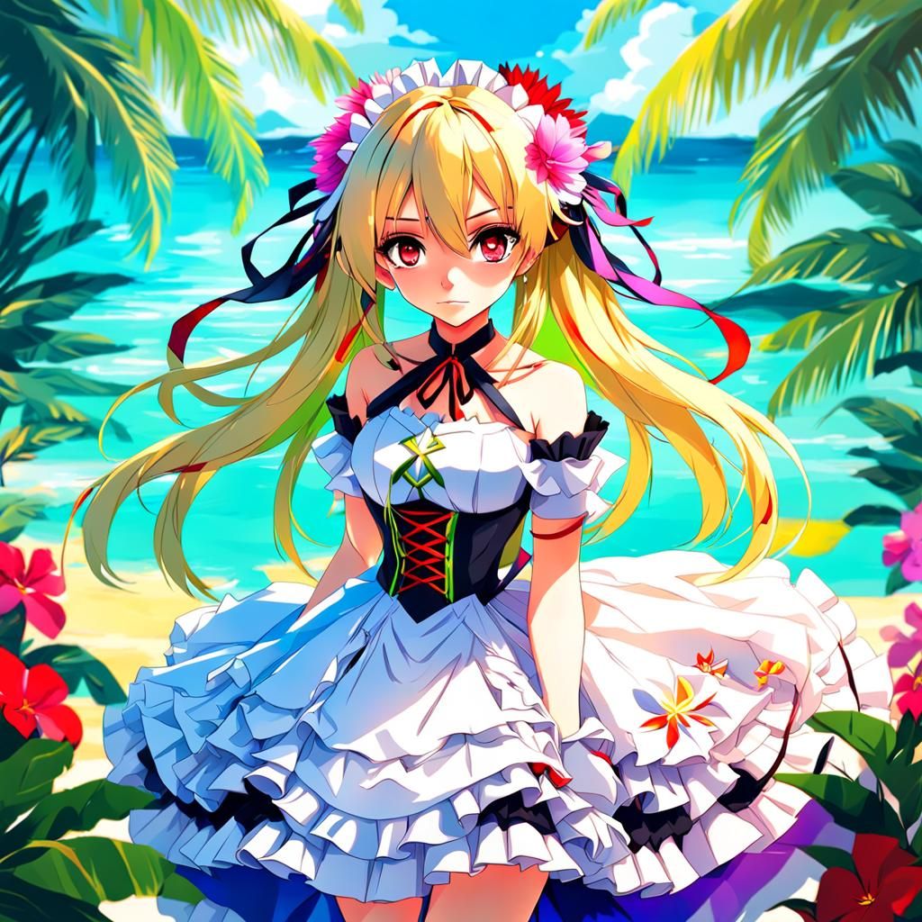 Cute Anime Girl in Paradise: Digital Art