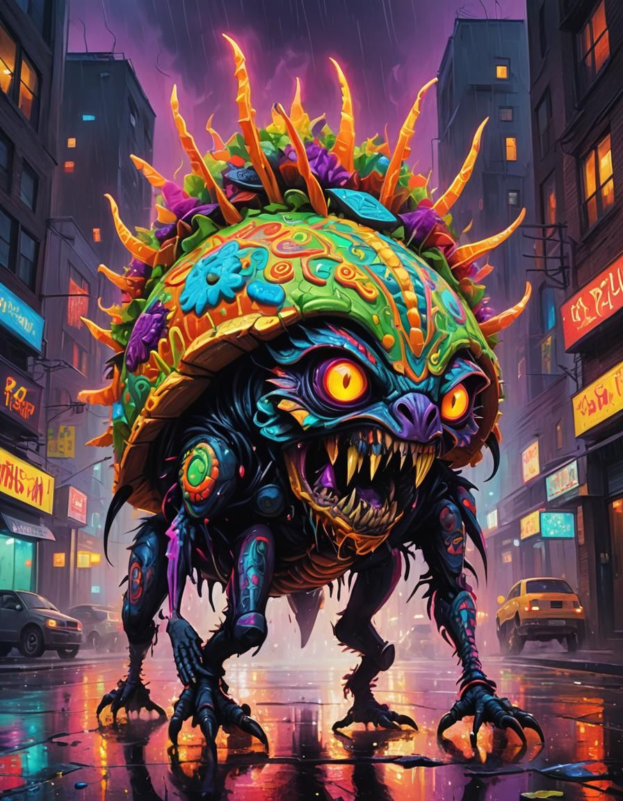 Mutant Taco Monster in Neon City, Digital Oil Painting