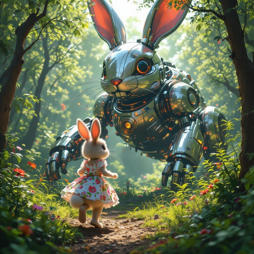 Bunny and Mechanical Rabbit in Futuristic Style