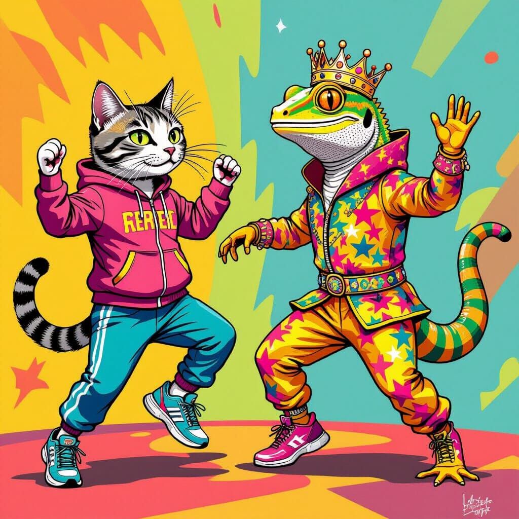 Dancing Cat Versus Gecko in Whimsical Style