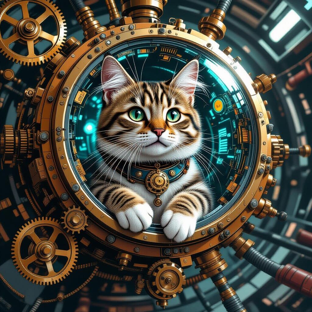 Steampunk Cat in Time Machine, Detailed Sci-Fi Art