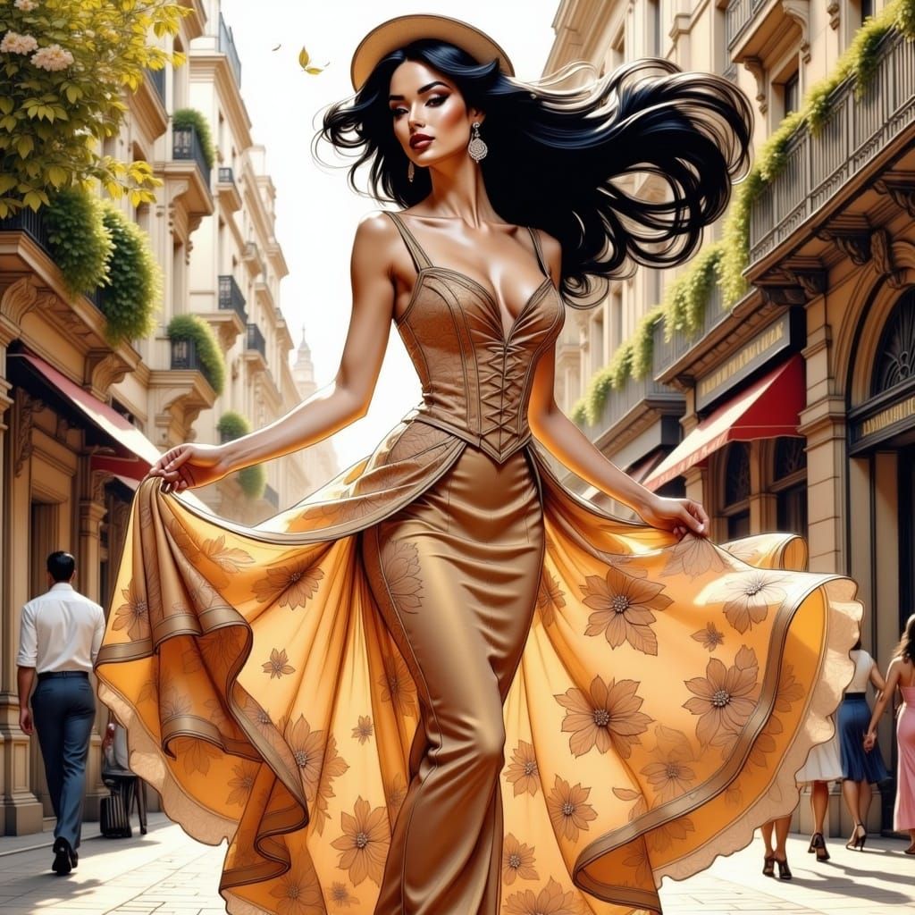 Parisian Woman's Windy Day in Comic Style