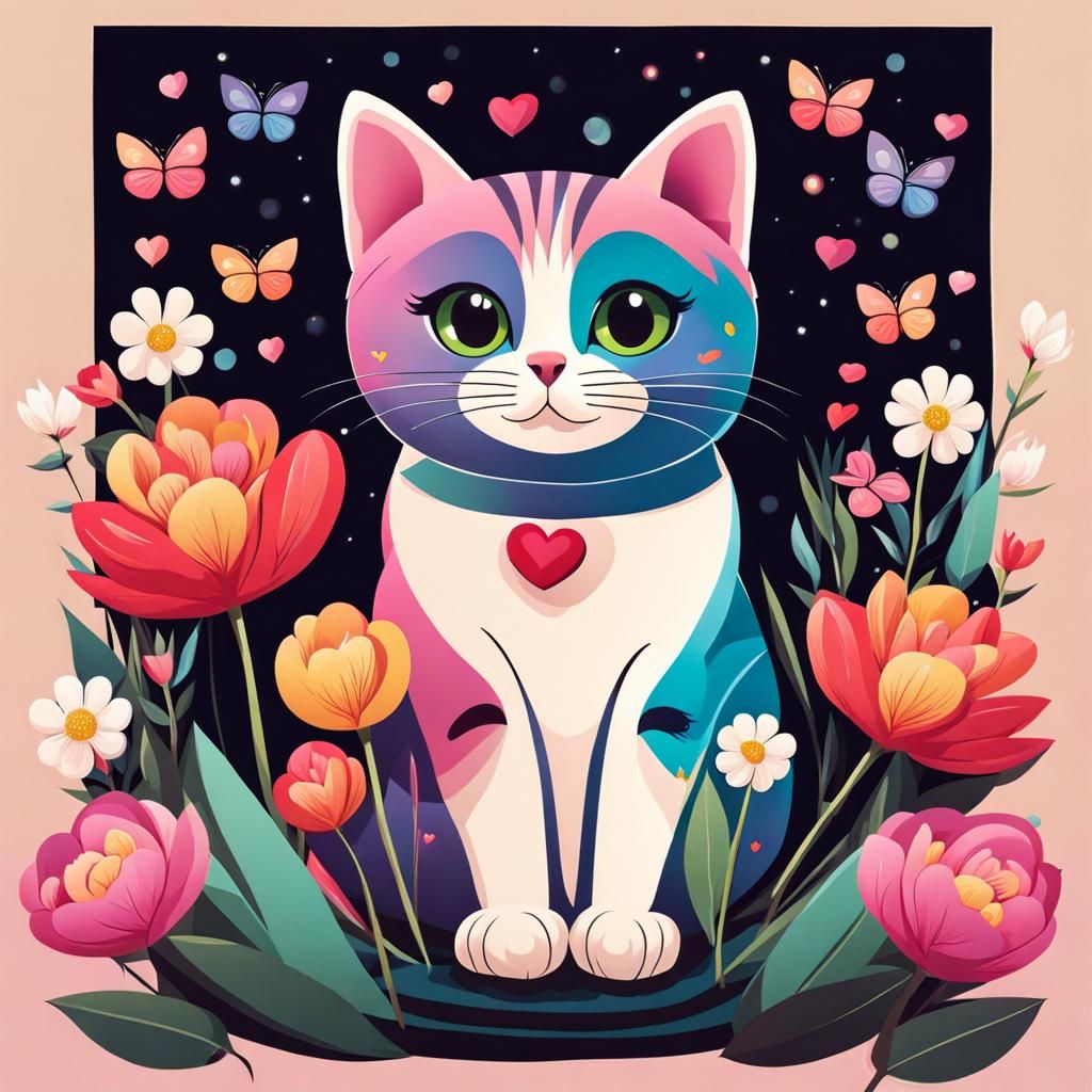 Cute Cat with Heart Lights and Flowers