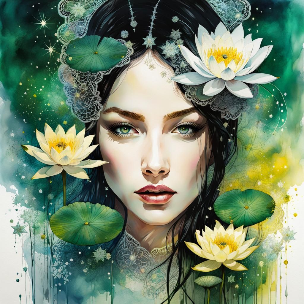 Lace and Lily Portrait in Watercolor Style