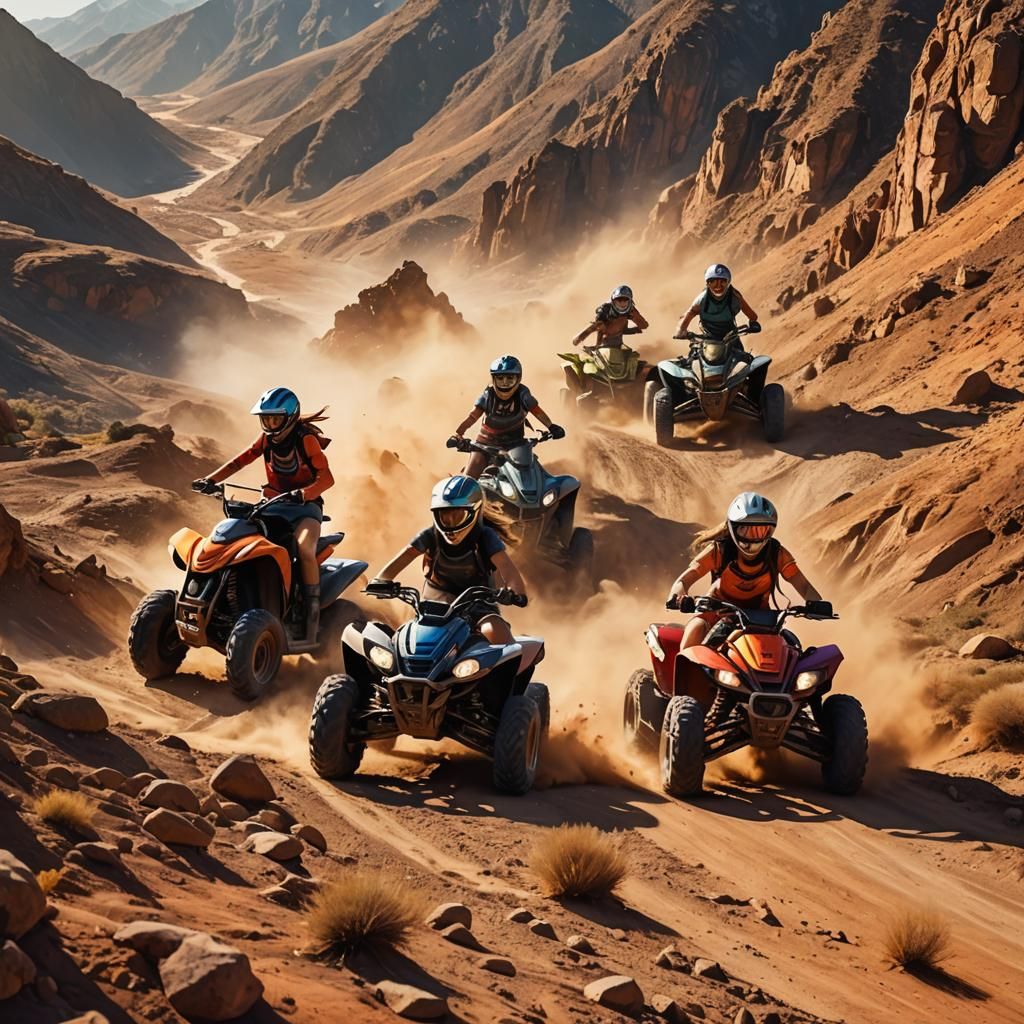 Girls Ride Quads Through Mountains: Vibrant Action Illustrat...