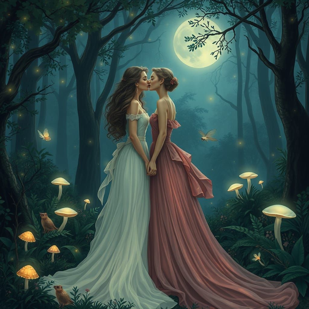 Enchanted Forest: Two Lovers Kiss Under Moonlight