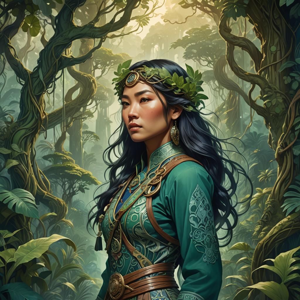 athletic and fierce jungle stunning asain woman explorer, in...