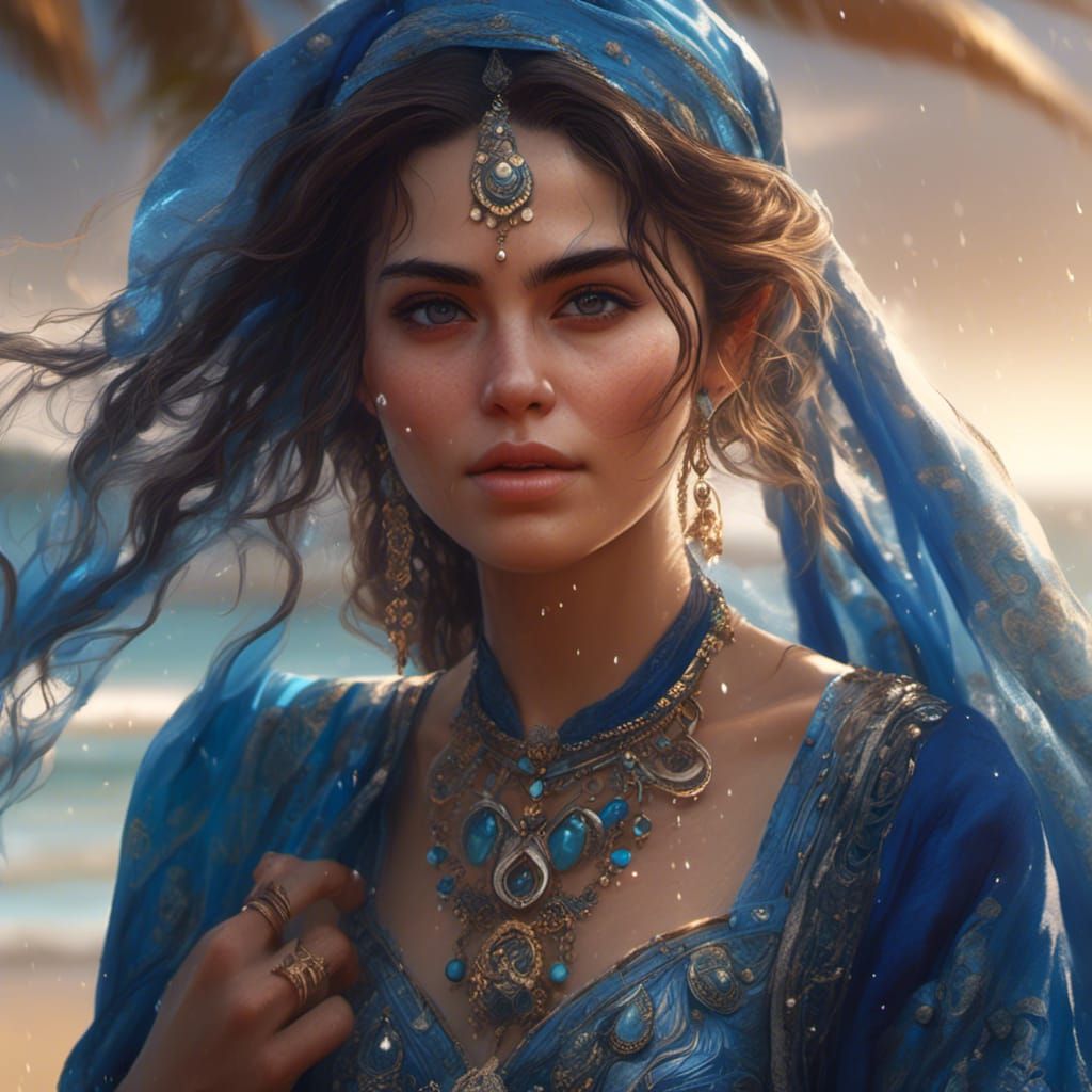 Woman on Beach in Hyperrealistic Digital Painting