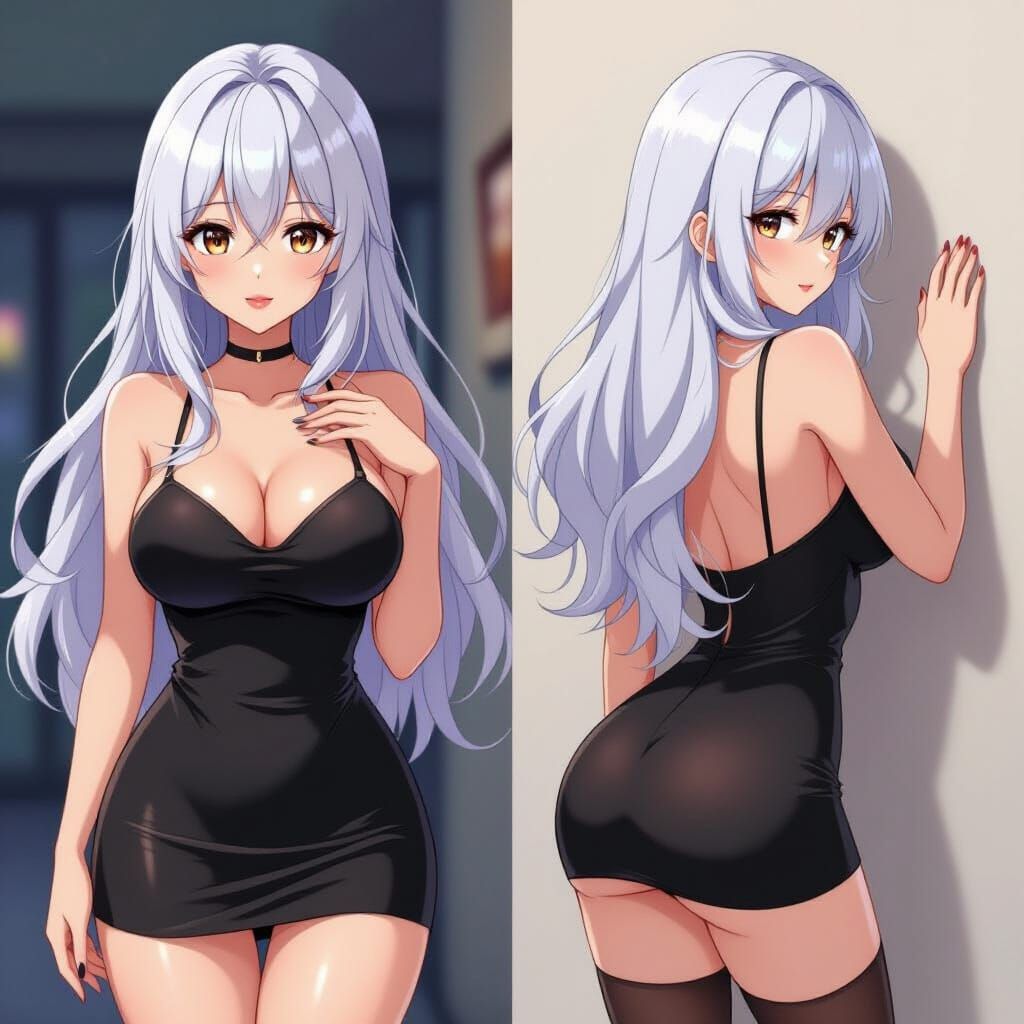 Anime Woman in Black Dress with Flowing Hair