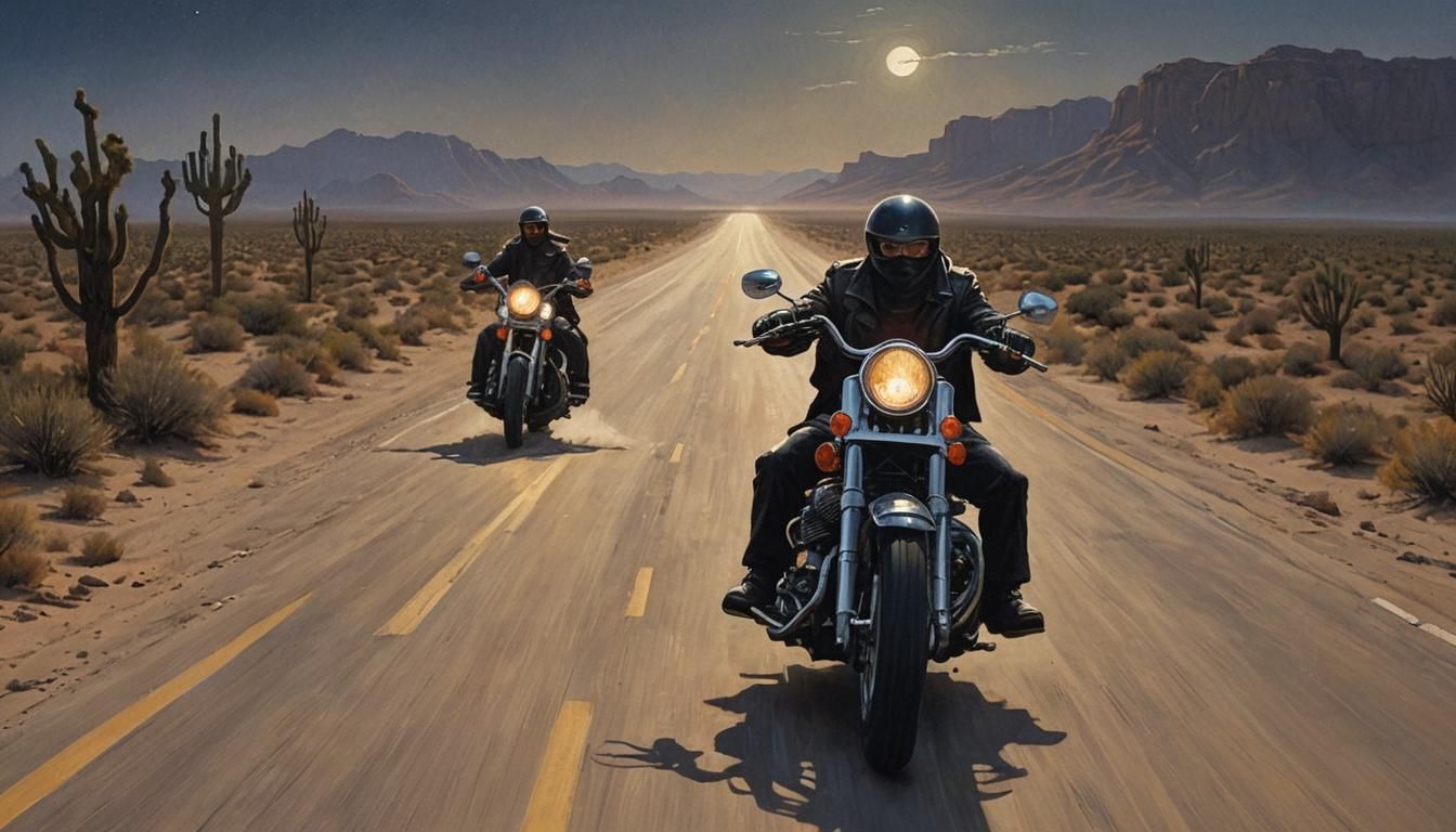 Motorcycle Bandit Chase on Desert Highway at Night