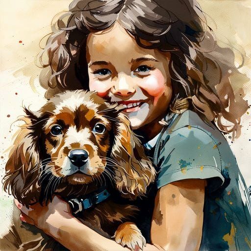 Girl Hugging Puppy in Watercolor Painting