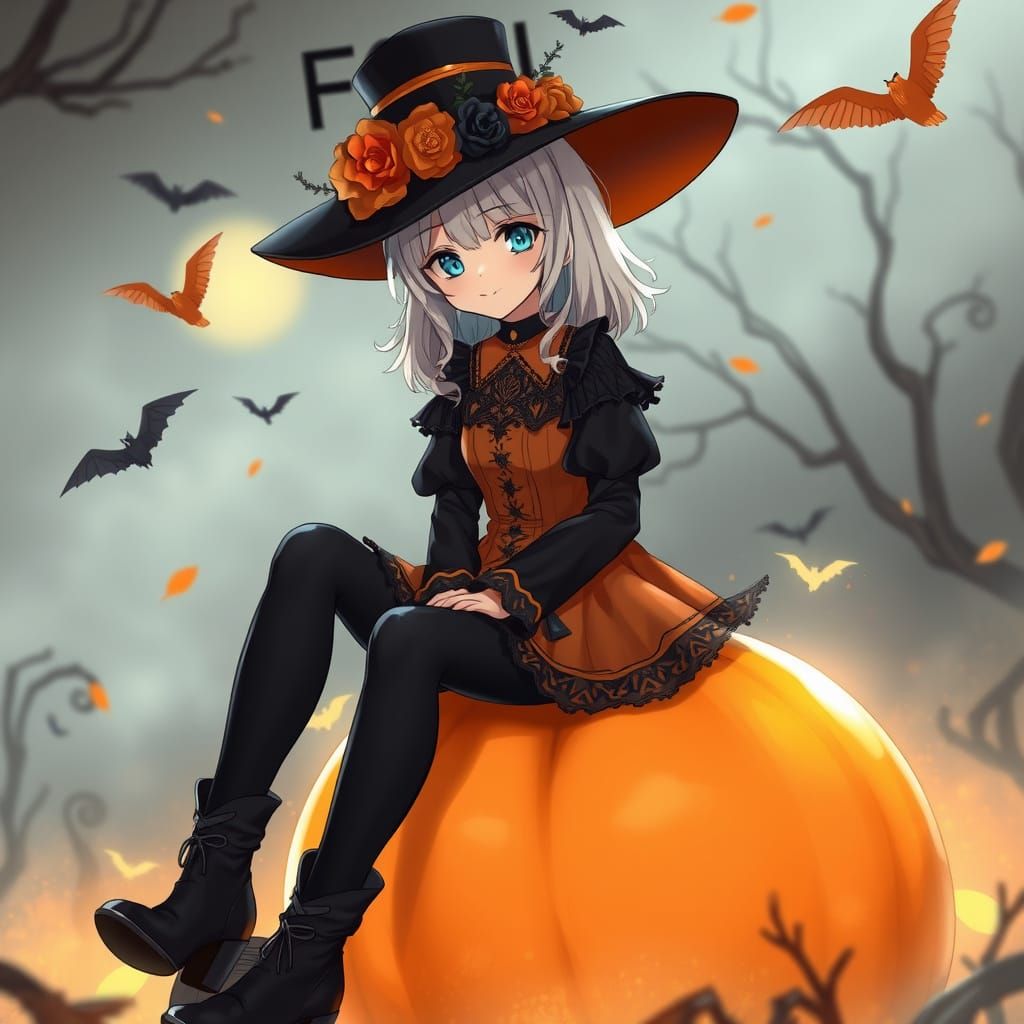 Young Girl on Giant Pumpkin in Misty Halloween Scene