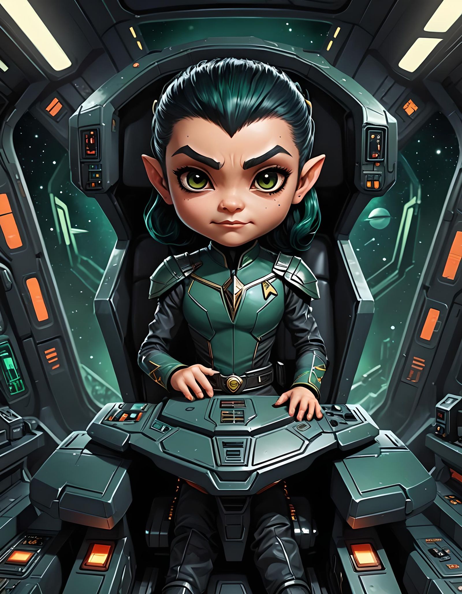 Sinister Chibi Romulan in Spooky Starship Cockpit