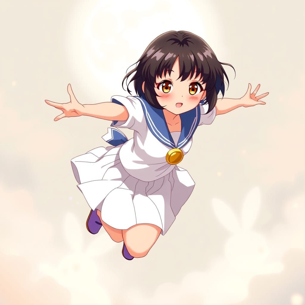 (Sailor Guardian) Adorable pretty Thai woman with short black hair and brown eyes. Wearing Seifuku. Heroine. Action scen...