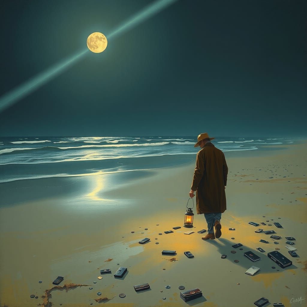 Contemplative Figure Searches Moonlit Beach