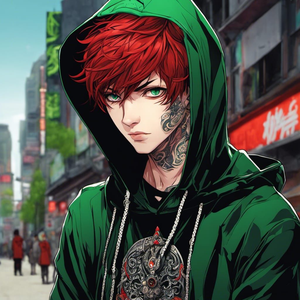 Goth Boy Portrait with Red Hair in Anime Style