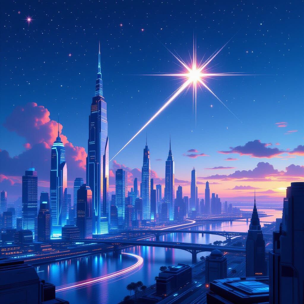 Futuristic Cityscape Under Starry Skies in 3D Rendered Style