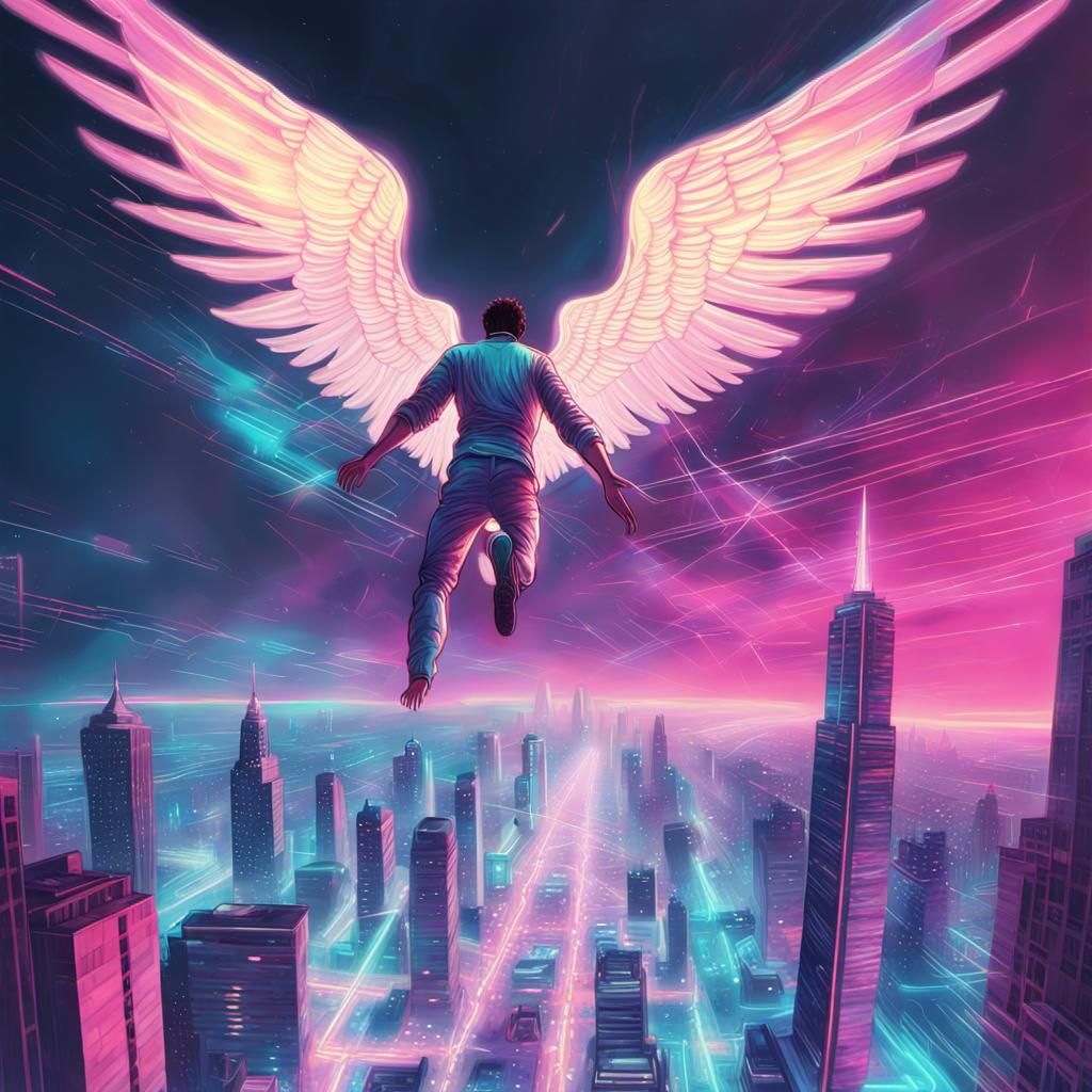 Holographic Icarus Falling in Neon Cityscape