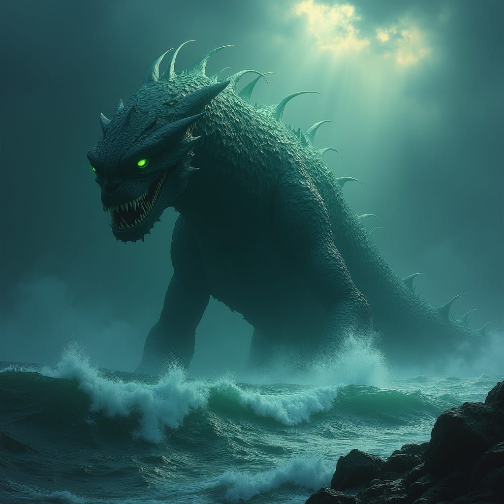 Colossal Sea Monster Emerges from Stormy Ocean