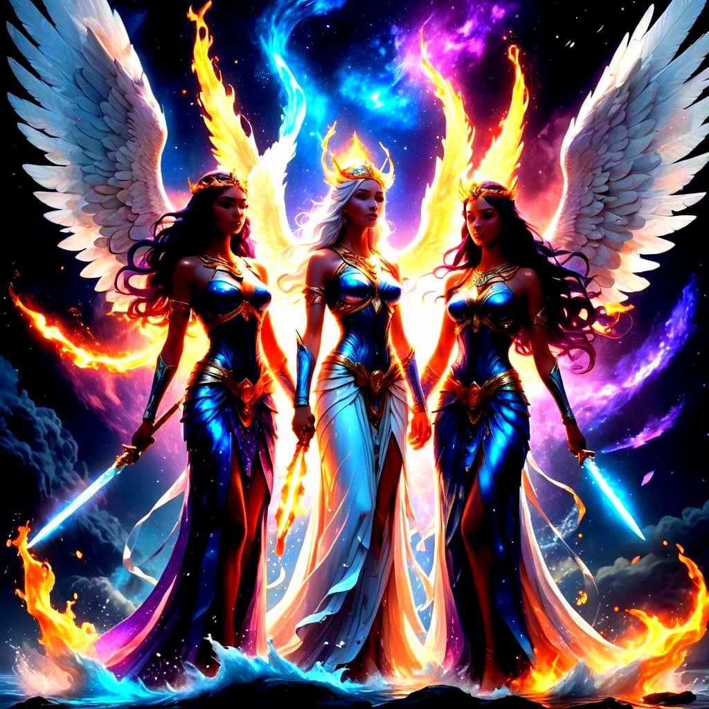 Water Goddess and Fire Warrior in Surreal Cosmos