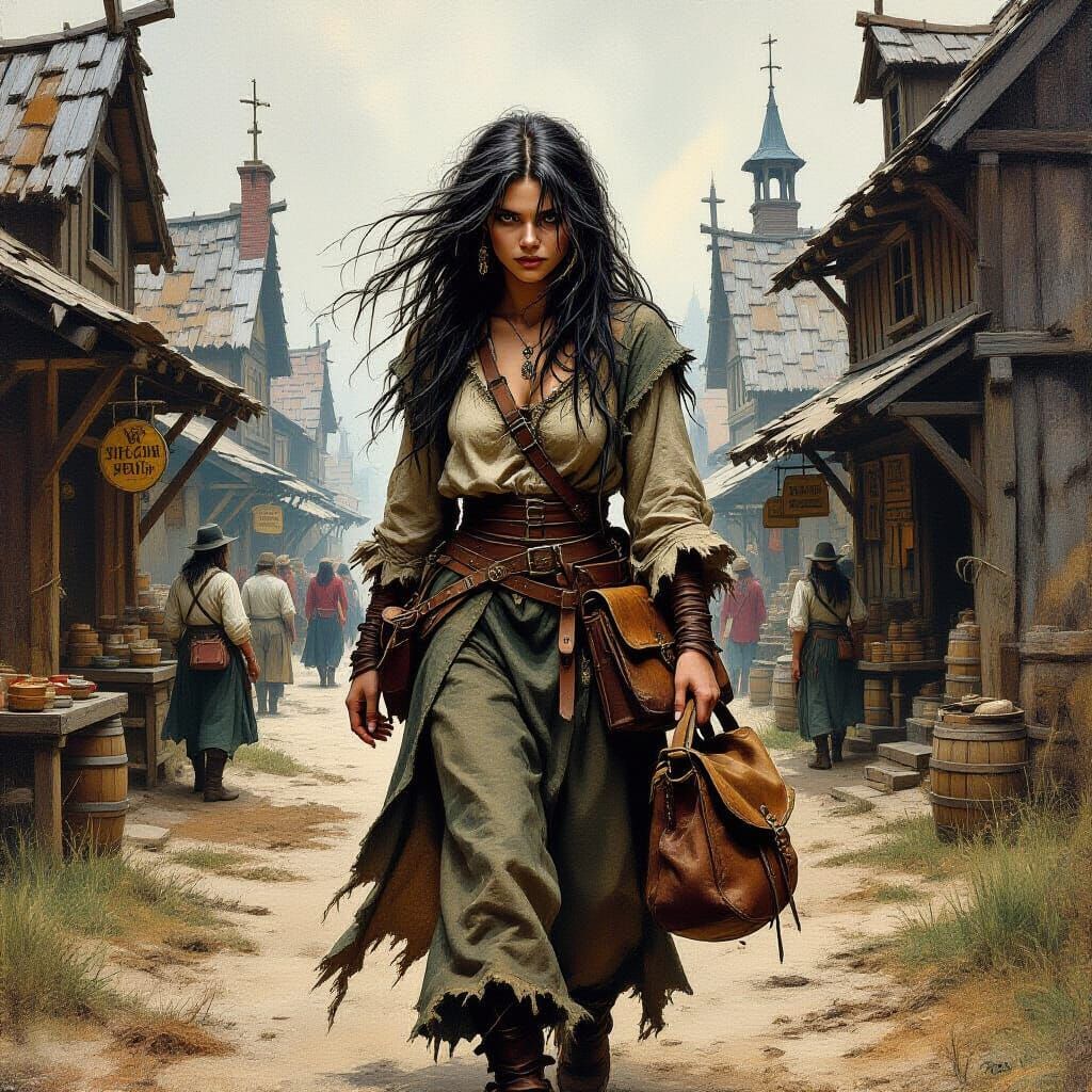 Swamp Witch Enters Rustic Market in Dark Fantasy Style