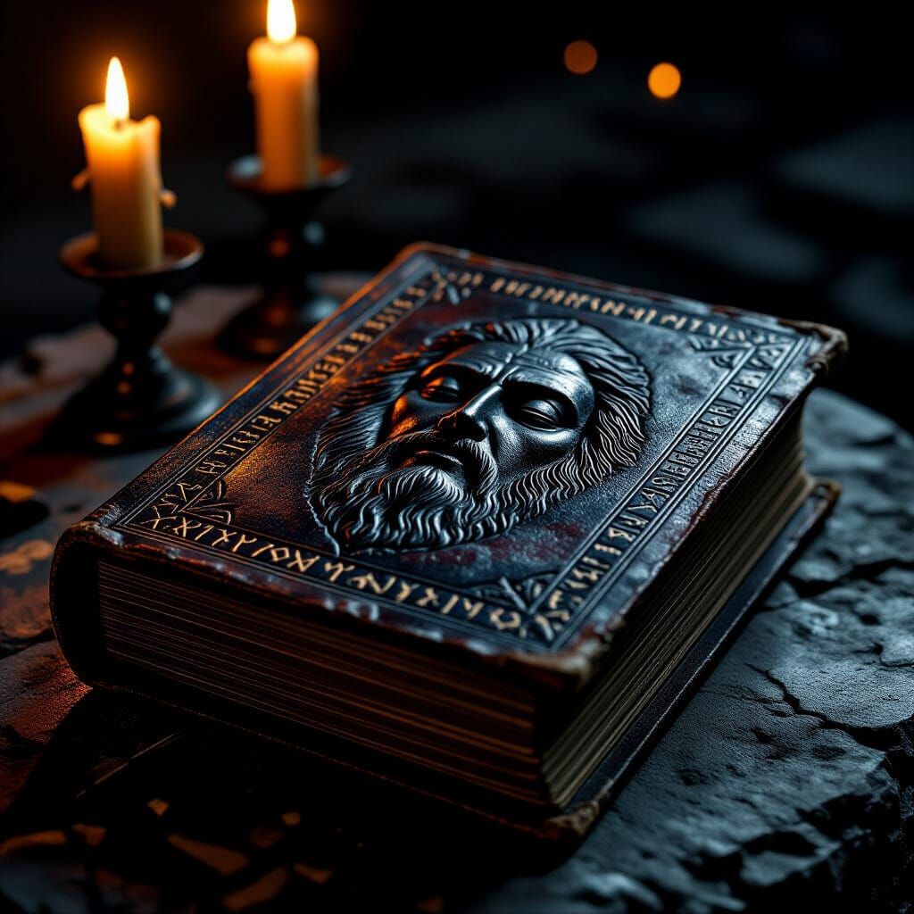 Ancient Book on Altar with Etched Face, Cinematic Lighting