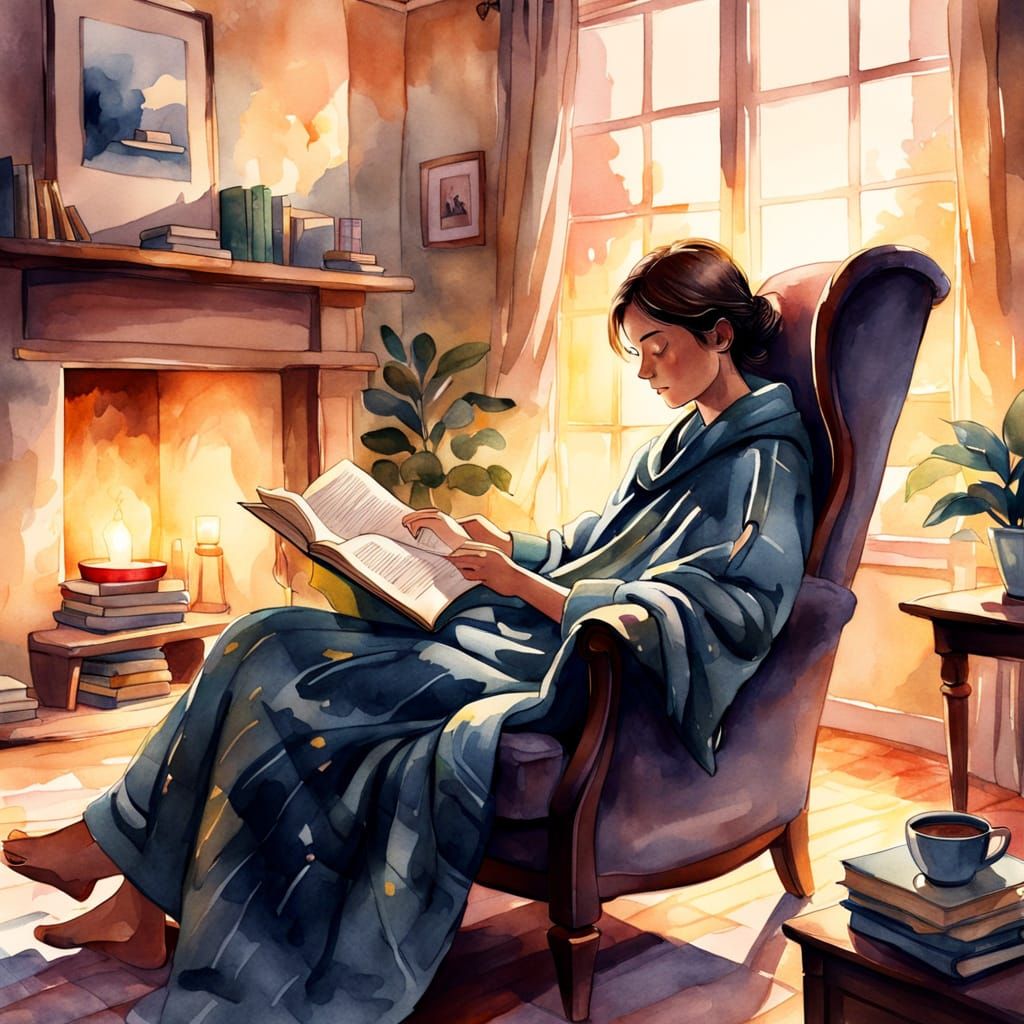 Cozy Reading Nook with Blanket in Watercolor Sketch Style