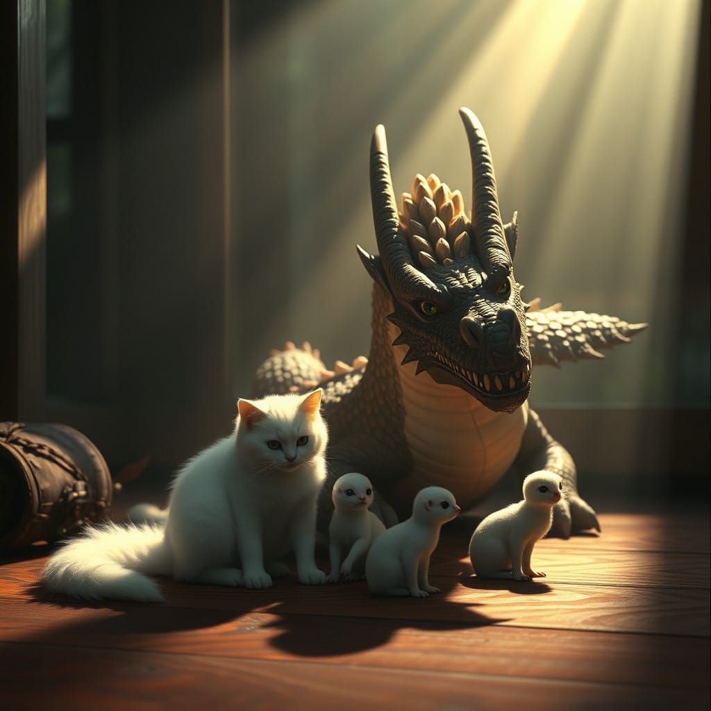 Little Girl Cuddles Her Mythical Companion in a Chiaroscuro....