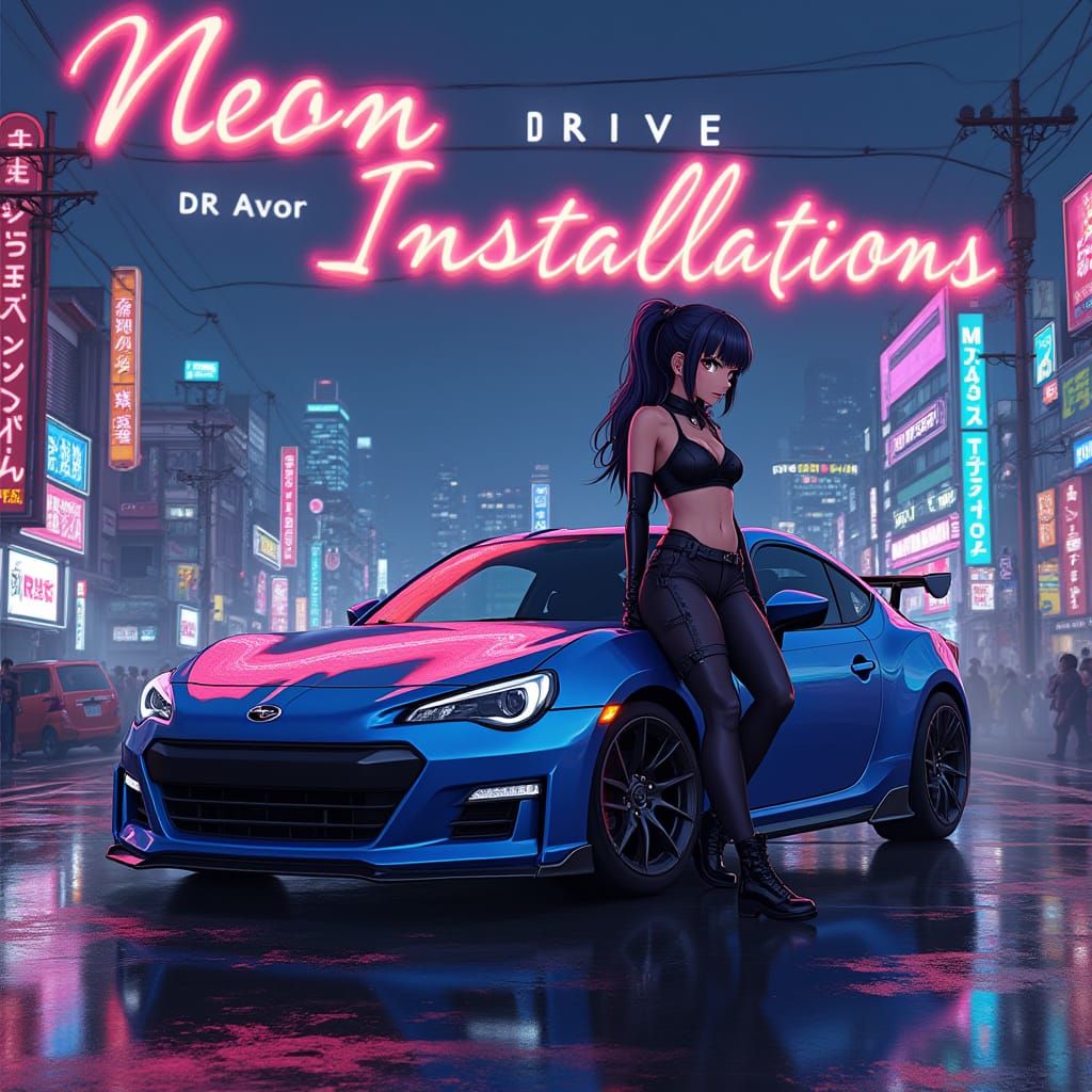 Anime Girl and Subaru BRZ in Neon Cityscape