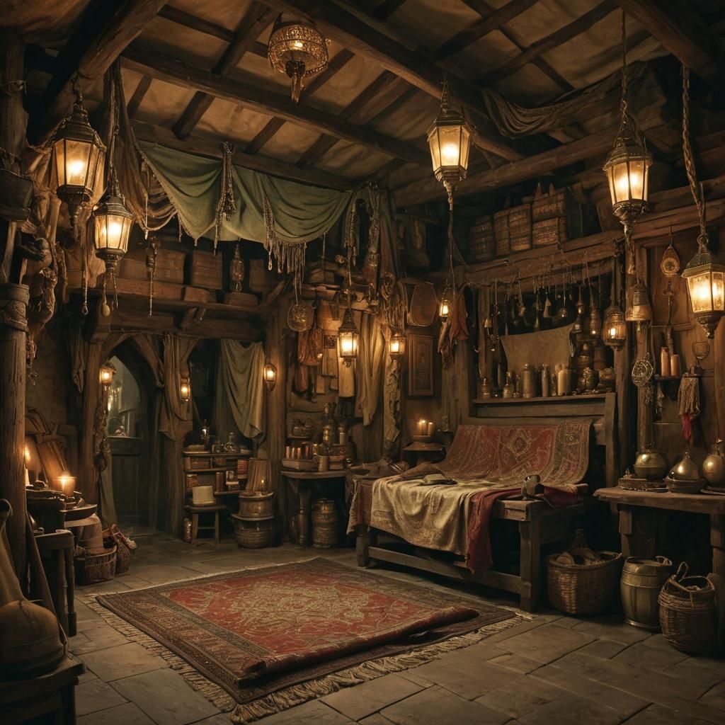 Mystical Medieval Shop with Flying Carpets