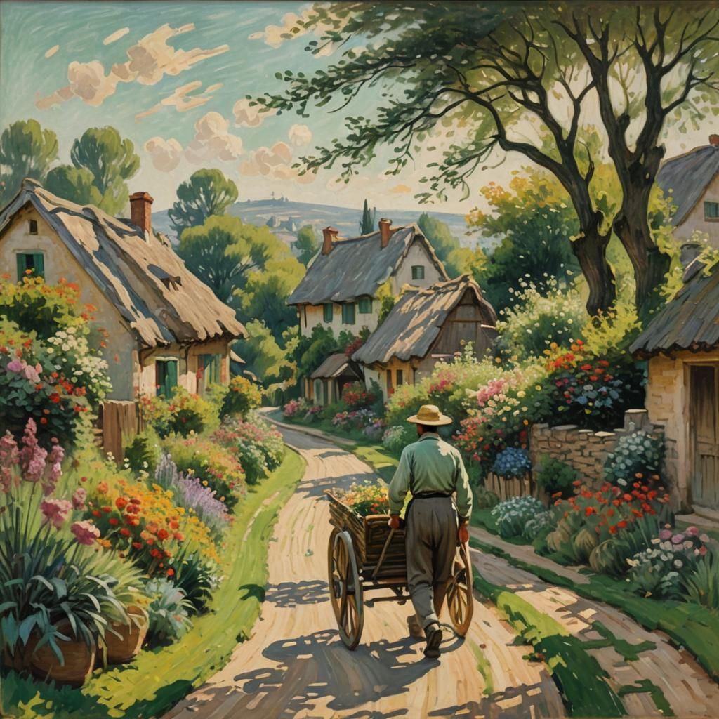 Idyllic Village Scene as Impressionist Oil Painting