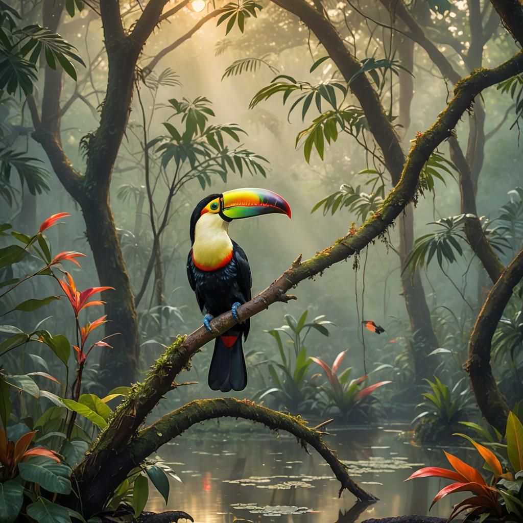 Toucan in Dawn Light: A Photorealistic Matte Painting