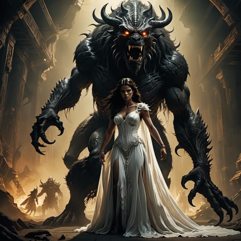 Woman and Beast in Dark Fantasy Landscape